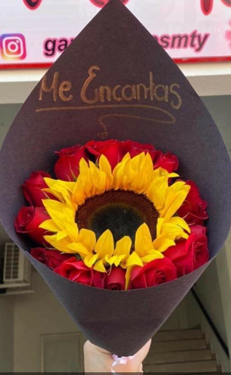 Girasol rodeado de rosas